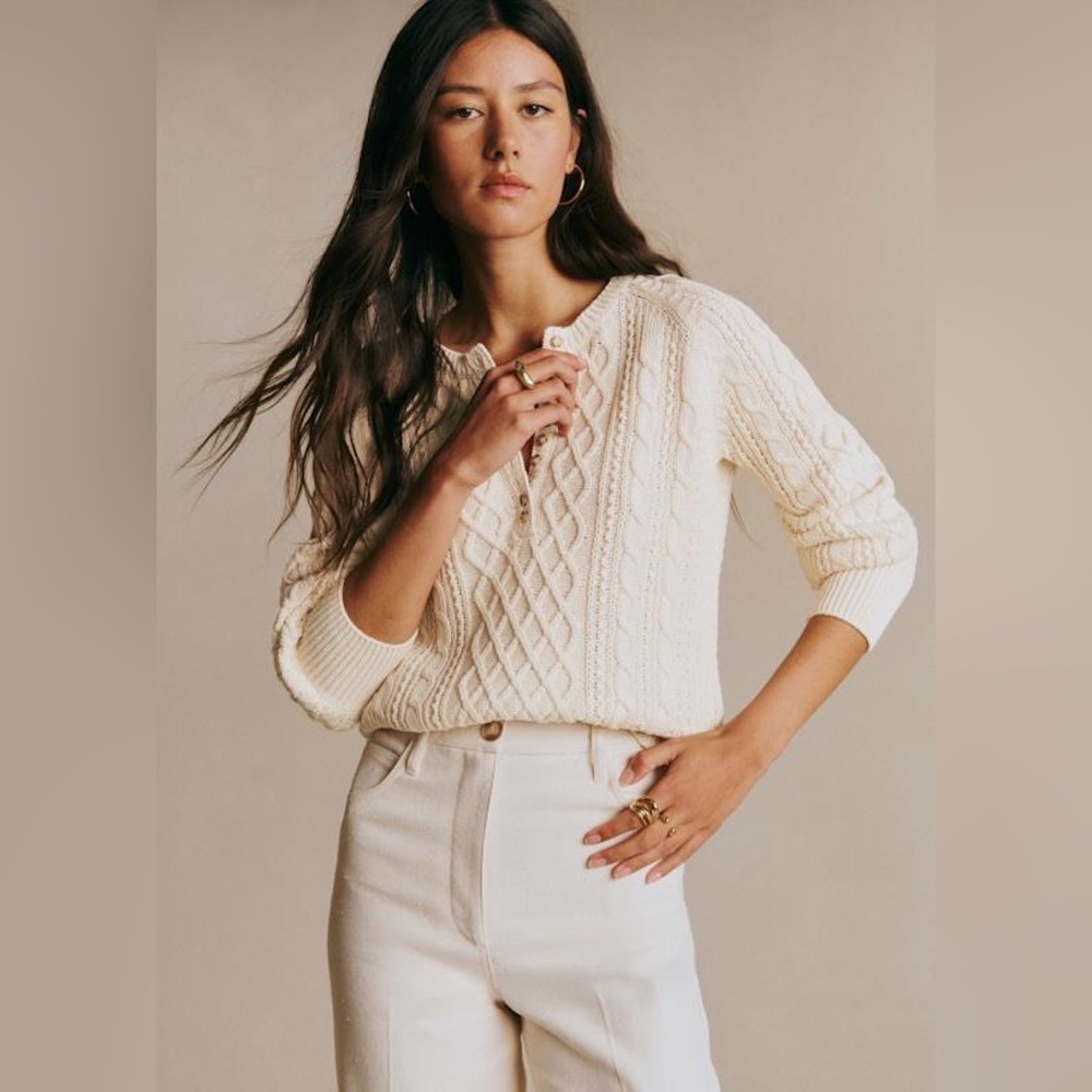 Sézane bree cable knit sweater Jumper in Cream, Size Large, 100% Cotton